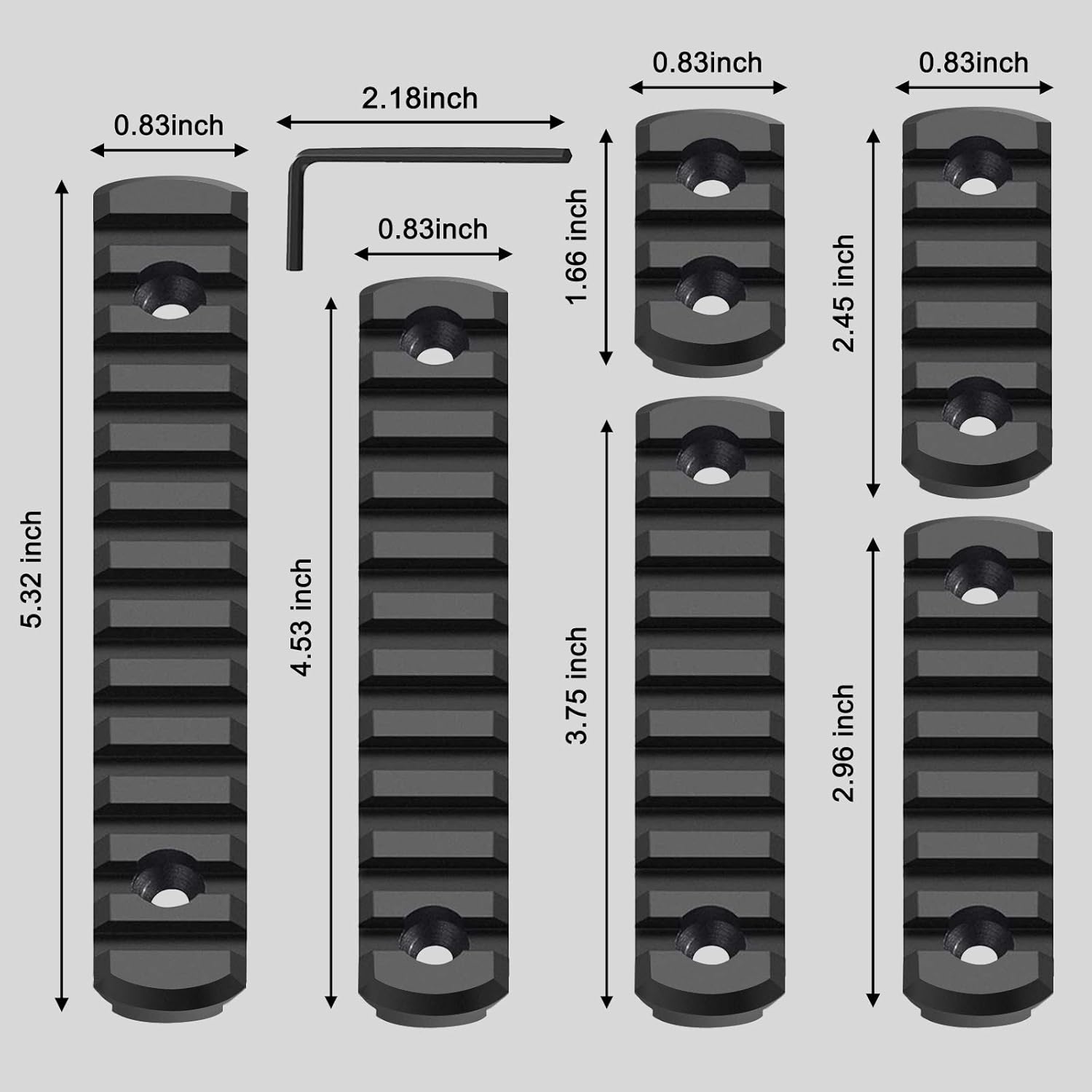 Picatinny Aluminum Rail Set – 3/5/7/9/11/13 Slots with T-Nuts, Screws & Wrench | M-LOK Compatible
