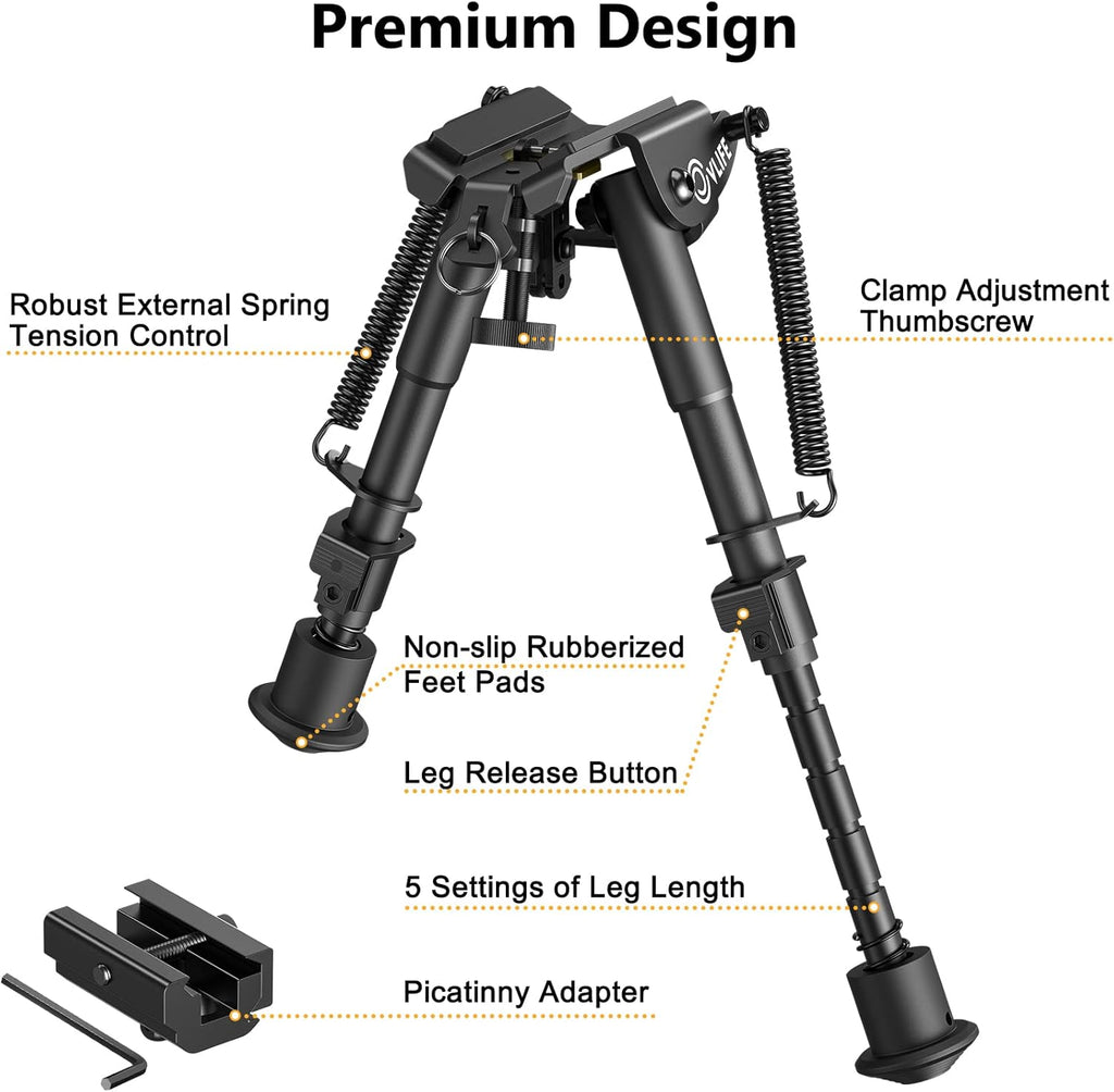 6"-9" Adjustable Rifle Bipod with Spring Return & Picatinny Adapter – Hardened Steel & Aluminum, 5-Position Legs