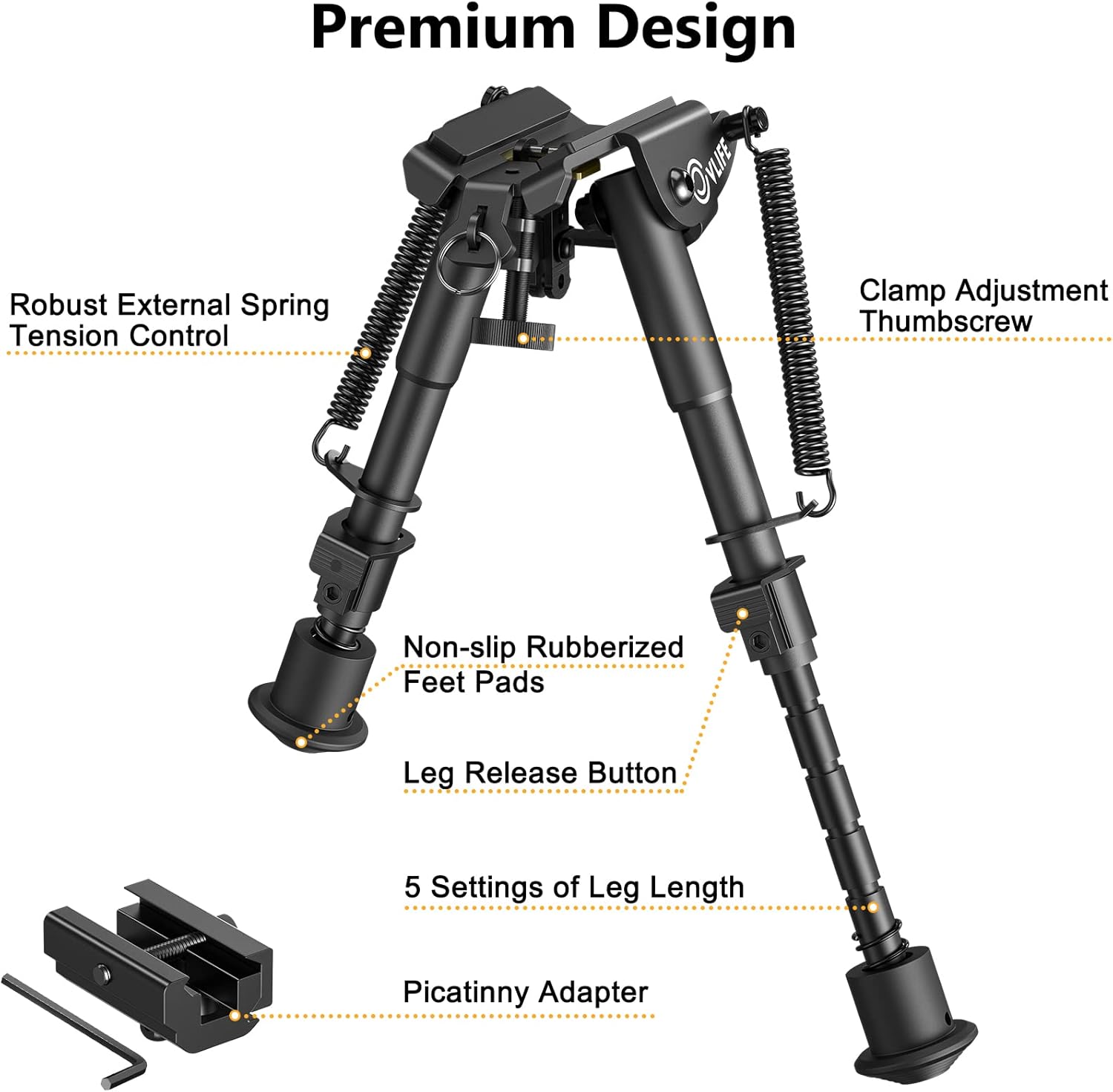 6"-9" Adjustable Rifle Bipod with Spring Return & Picatinny Adapter – Hardened Steel & Aluminum, 5-Position Legs