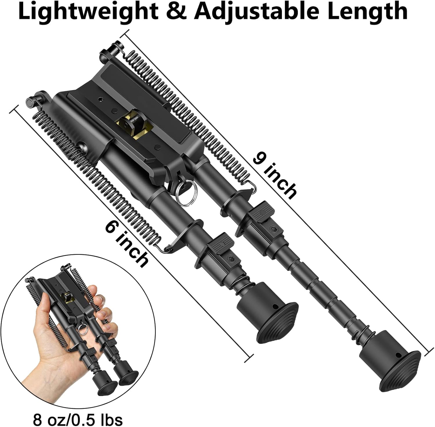6"-9" Adjustable Rifle Bipod with Spring Return & Picatinny Adapter – Hardened Steel & Aluminum, 5-Position Legs