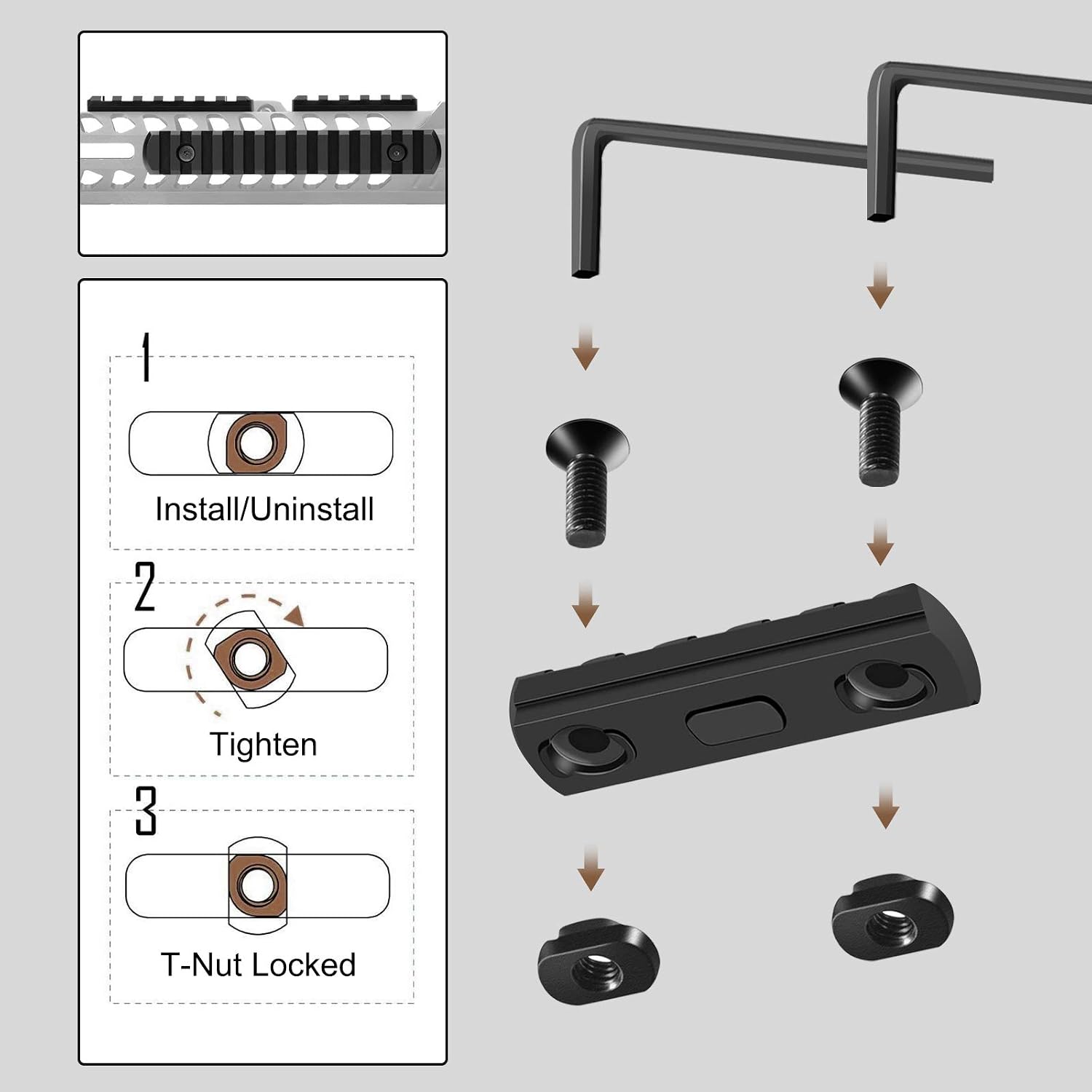 Picatinny Aluminum Rail Set – 3/5/7/9/11/13 Slots with T-Nuts, Screws & Wrench | M-LOK Compatible