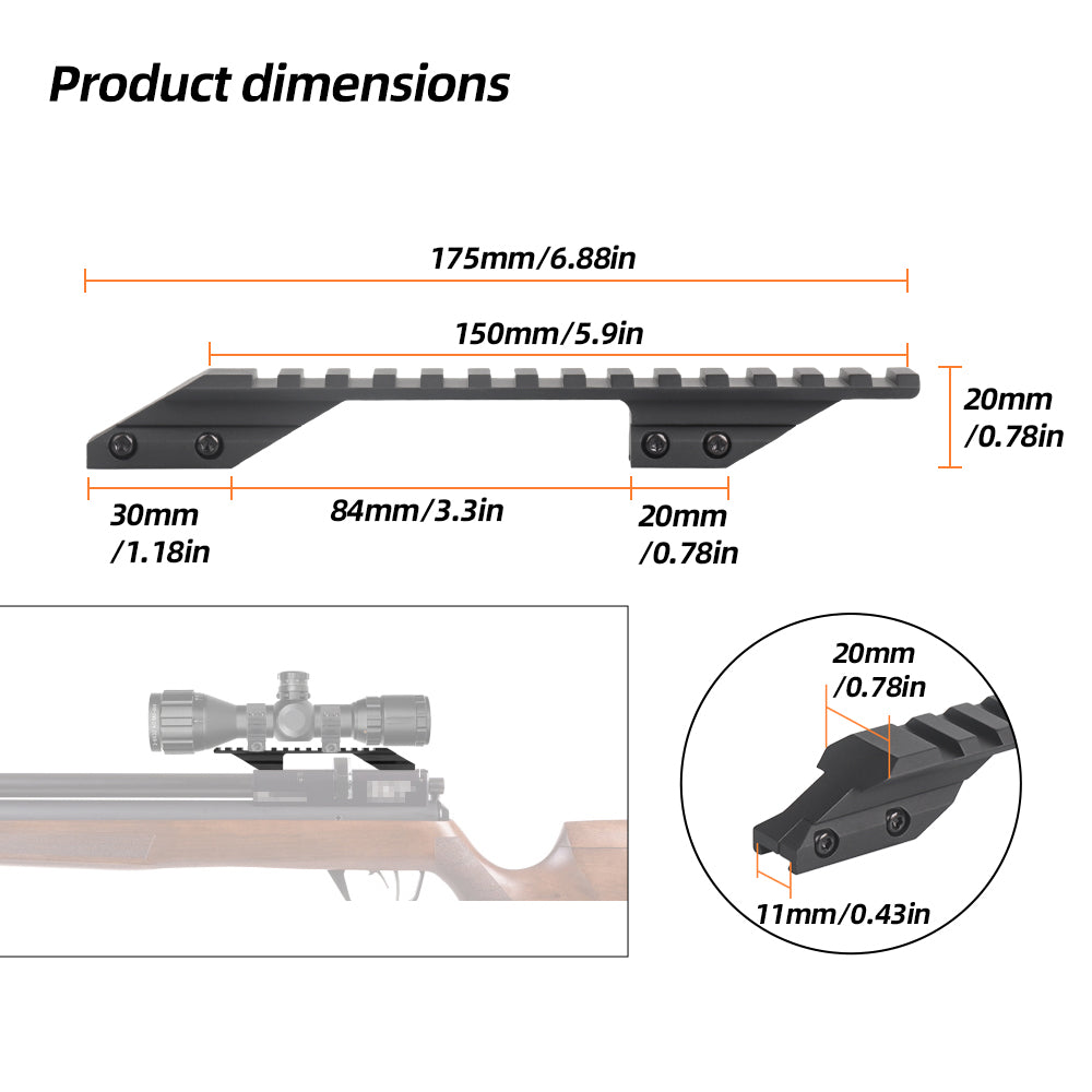 11mm to 7/8" 20mm Dovetail to Picatinny Rail Adapter 175mm leght