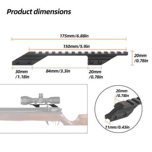 11mm Dovetail to 20mm Picatinny Rail Adapter – 175mm Cantilever Mount for Prism Scope & Night Vision