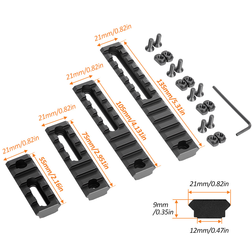 Picatinny Aluminum Accessory Rail Set 5 7 10 13 Slot Adjustable Pitch Slotted Rail with 8 T-Nuts & Screws 8 Wrench for Mlok Compatible