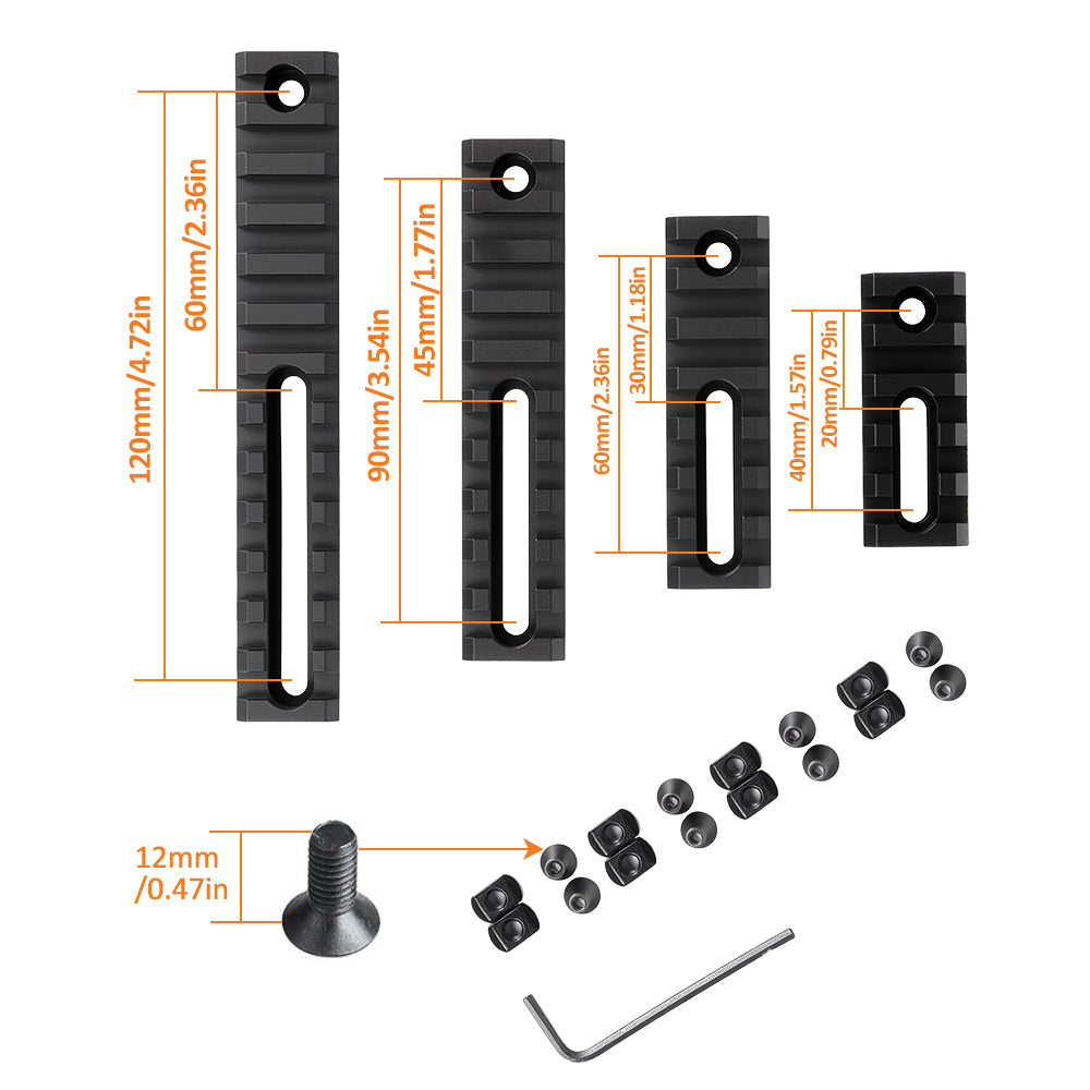Picatinny Aluminum Accessory Rail Set 5 7 10 13 Slot Adjustable Pitch Slotted Rail with 8 T-Nuts & Screws 8 Wrench for Mlok Compatible